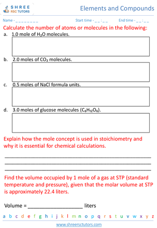 Grade 7  Science worksheet: Elements and Compounds - Introduction to the mole concept