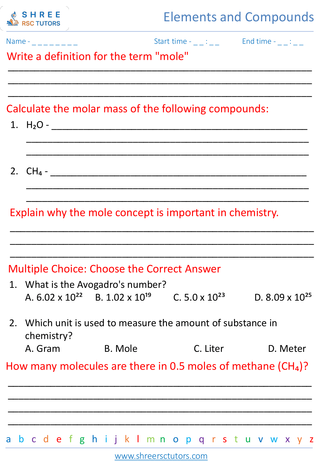 Grade 7  Science worksheet: Elements and Compounds - Introduction to the mole concept