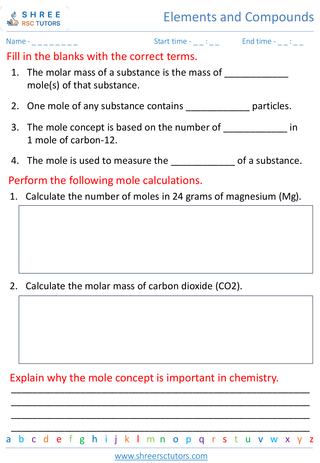 Grade 7  Science worksheet: Elements and Compounds - Introduction to the mole concept