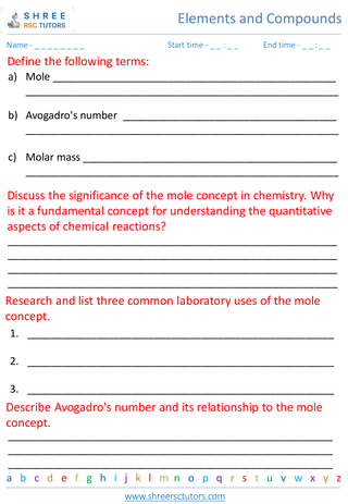 Grade 7  Science worksheet: Elements and Compounds - Introduction to the mole concept