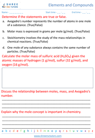 Grade 7  Science worksheet: Elements and Compounds - Introduction to the mole concept