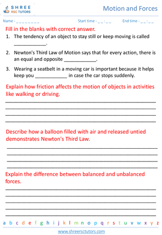 Grade 7  Science worksheet: Motion and Forces - Forces and Newton's laws of motion