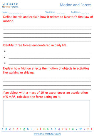 Grade 7  Science worksheet: Motion and Forces - Forces and Newton's laws of motion