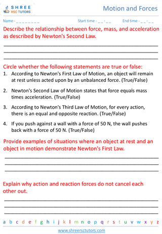 Grade 7  Science worksheet: Motion and Forces - Forces and Newton's laws of motion