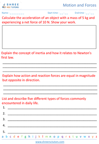 Grade 7  Science worksheet: Motion and Forces - Forces and Newton's laws of motion