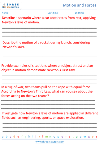 Grade 7  Science worksheet: Motion and Forces - Forces and Newton's laws of motion