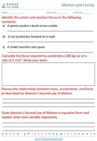 Grade 7  Science worksheet: Motion and Forces - Forces and Newton's laws of motion