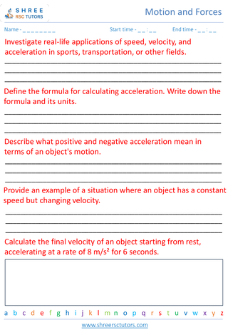 Grade 7  Science worksheet: Motion and Forces - Understanding motion speed, velocity, and acceleration