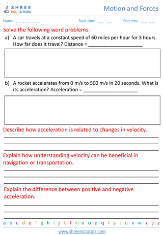 Grade 7  Science worksheet: Motion and Forces - Understanding motion speed, velocity, and acceleration