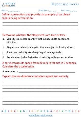 Grade 7  Science worksheet: Motion and Forces - Understanding motion speed, velocity, and acceleration