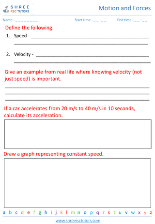 Grade 7  Science worksheet: Motion and Forces - Understanding motion speed, velocity, and acceleration