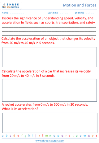 Grade 7  Science worksheet: Motion and Forces - Understanding motion speed, velocity, and acceleration