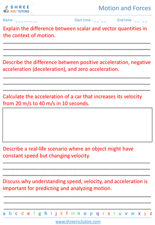 Grade 7  Science worksheet: Motion and Forces - Understanding motion speed, velocity, and acceleration