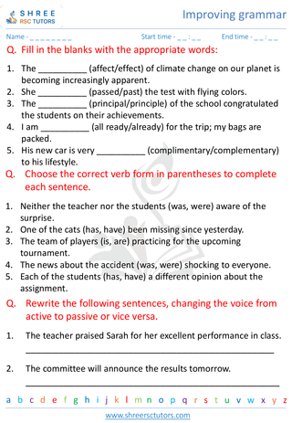 Grade 8  English worksheet: Improving grammar