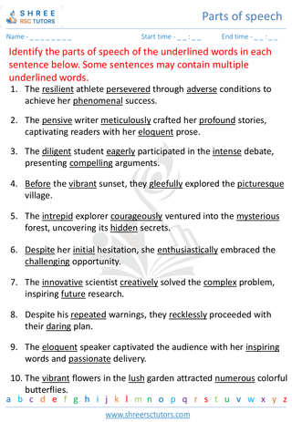 Grade 8  English worksheet: Parts of speech