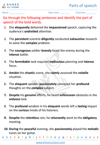 Grade 8  English worksheet: Parts of speech