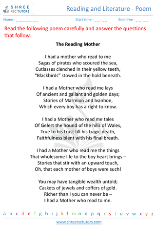 Grade 8  English worksheet: Reading and literature - Poem