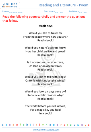 Grade 8  English worksheet: Reading and literature - Poem