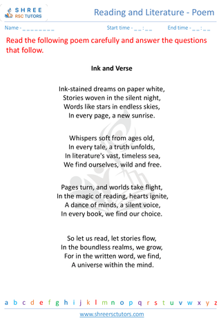 Grade 8  English worksheet: Reading and literature - Poem