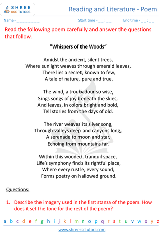 Grade 8  English worksheet: Reading and literature - Poem