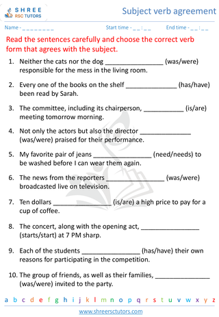 Grade 8  English worksheet: Subject verb agreement