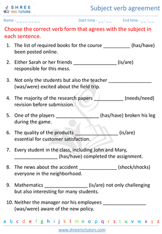 Grade 8  English worksheet: Subject verb agreement