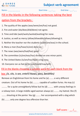 Grade 8  English worksheet: Subject verb agreement