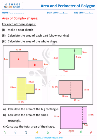 Grade 8  Maths worksheet: Area and perimeter of polygons - Area of Complex shapes