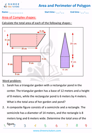 Grade 8  Maths worksheet: Area and perimeter of polygons - Area of Complex shapes