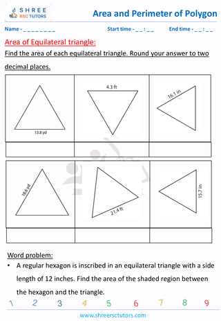 Grade 8  Maths worksheet: Area and perimeter of polygons - Area of Equilateral triangle