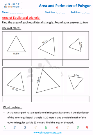 Grade 8  Maths worksheet: Area and perimeter of polygons - Area of Equilateral triangle