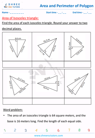 Grade 8  Maths worksheet: Area and perimeter of polygons - Area of Isosceles triangle