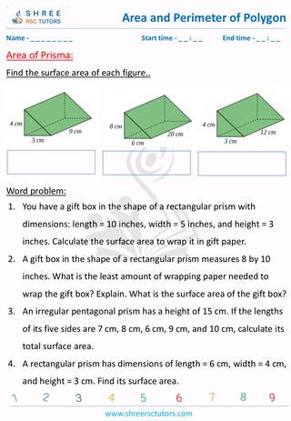 Grade 8  Maths worksheet: Area and perimeter of polygons - Area of Prisma