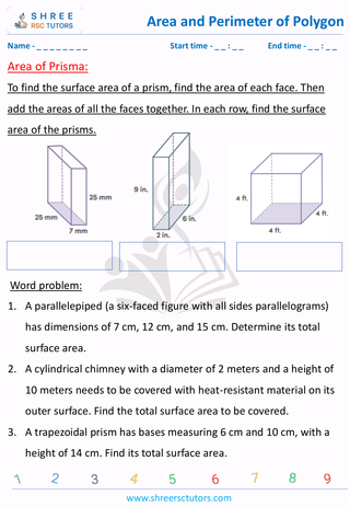 Grade 8  Maths worksheet: Area and perimeter of polygons - Area of Prisma