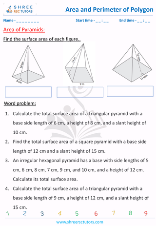 Grade 8  Maths worksheet: Area and perimeter of polygons - Area of Pyramid