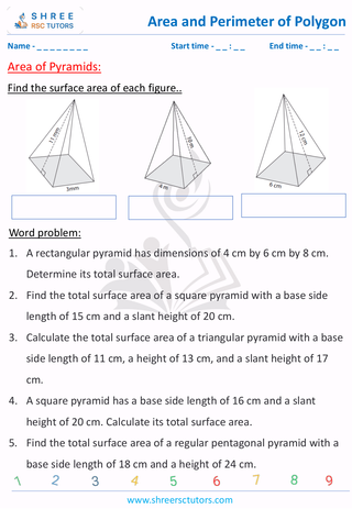 Grade 8  Maths worksheet: Area and perimeter of polygons - Area of Pyramid