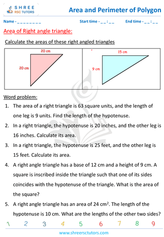 Grade 8  Maths worksheet: Area and perimeter of polygons - Area of Right-angle triangle