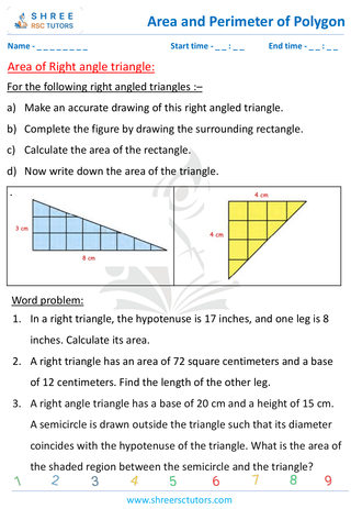 Grade 8  Maths worksheet: Area and perimeter of polygons - Area of Right-angle triangle