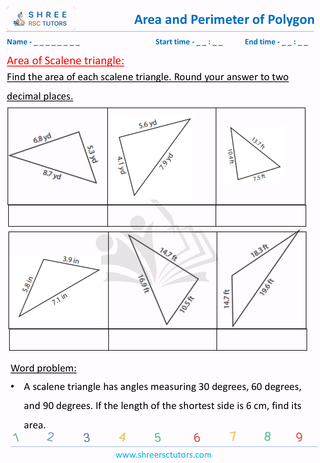 Grade 8  Maths worksheet: Area and perimeter of polygons - Area of Scalene triangle