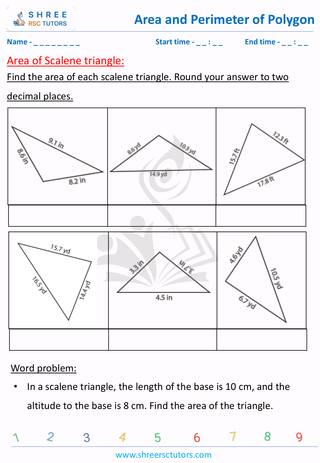Grade 8  Maths worksheet: Area and perimeter of polygons - Area of Scalene triangle