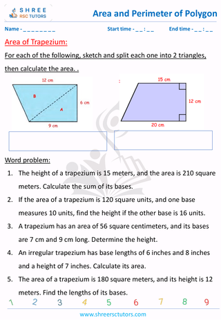 Grade 8  Maths worksheet: Area and perimeter of polygons - Area of Trapezium