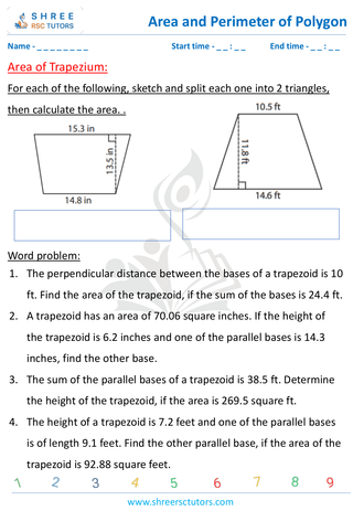Grade 8  Maths worksheet: Area and perimeter of polygons - Area of Trapezium