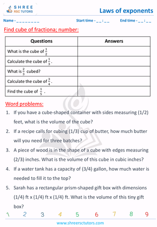 Grade 8  Maths worksheet: Law of exponents - Find cube of decimal number