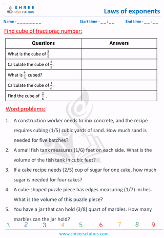 Grade 8  Maths worksheet: Law of exponents - Find cube of decimal number