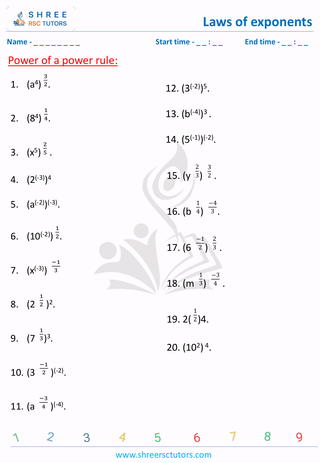 Grade 8  Maths worksheet: Law of exponents - Power of a power rule