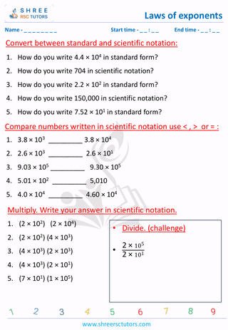 Grade 8  Maths worksheet: Law of exponents - Scientific notation