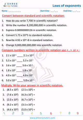 Grade 8  Maths worksheet: Law of exponents - Scientific notation
