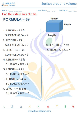 Grade 8  Maths worksheet: Surface area and volume - Surface area of Cube