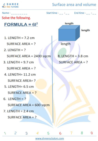 Grade 8  Maths worksheet: Surface area and volume - Surface area of Cube