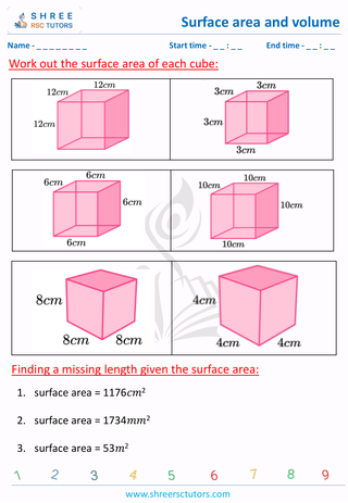 Grade 8  Maths worksheet: Surface area and volume - Surface area of Cube